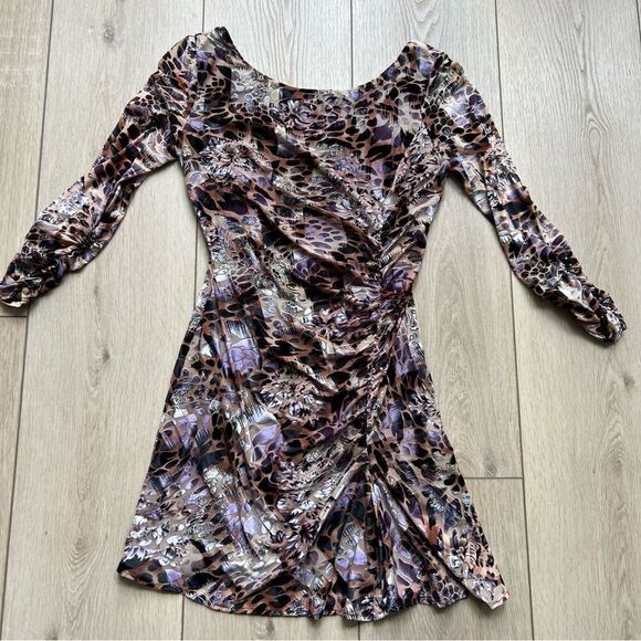 Alberto Makali Velvet Ruched Mini Dress Leopard Print Long Sleeve Size Small - Picture 7 of 12